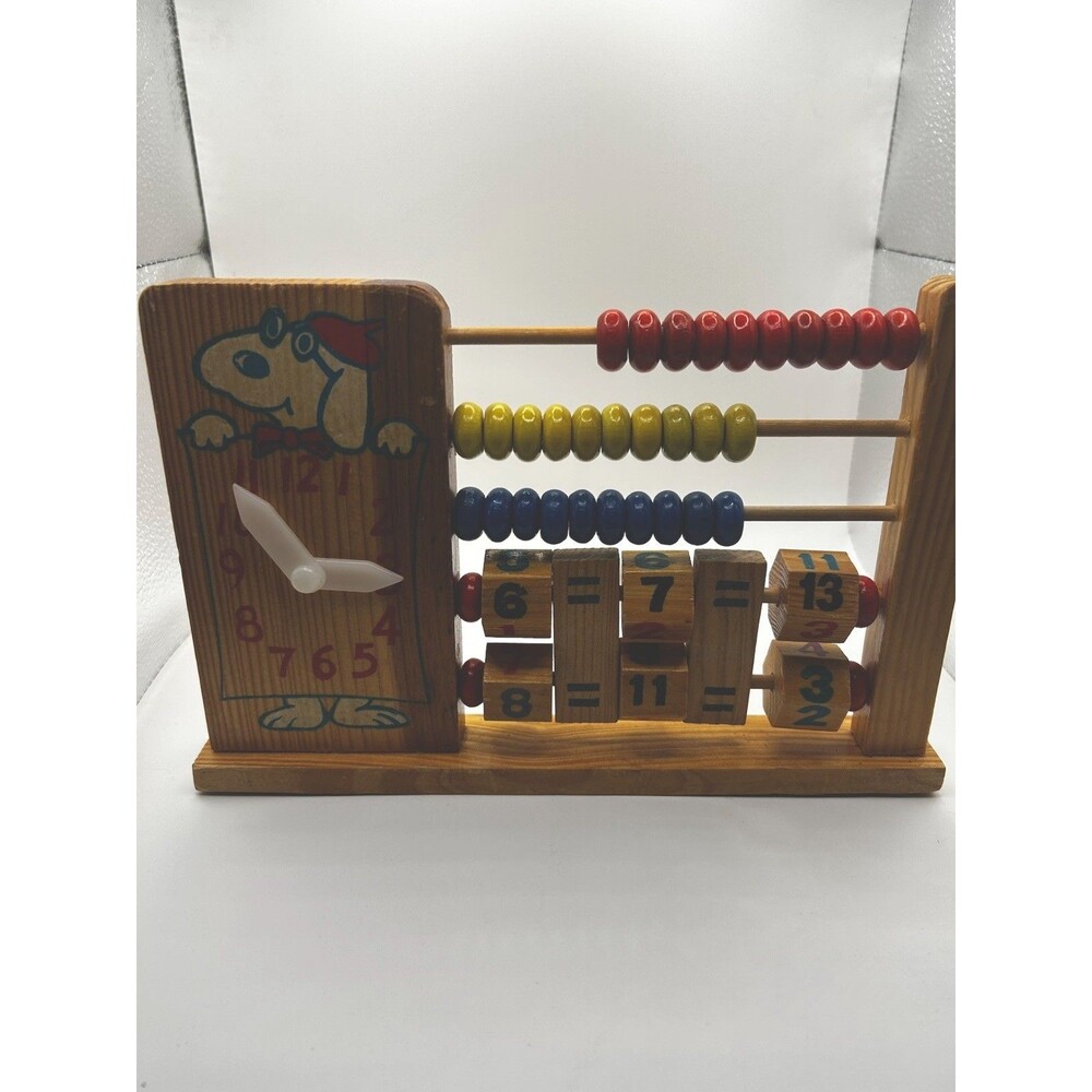 Vintage Wood Abacus With Clock for Kids, Learning Time